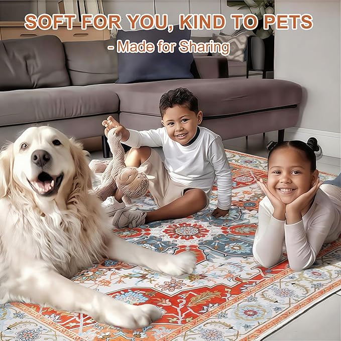 WILLSUN Washable Area Rugs, 6x9 Non-Slip Boho Large Area Rugs for Living Room, Bedroom, Machine Washable Vintage Rug, Indoor Floral Print Carpet for Home Decor, Kid & Pet Friendly Mat