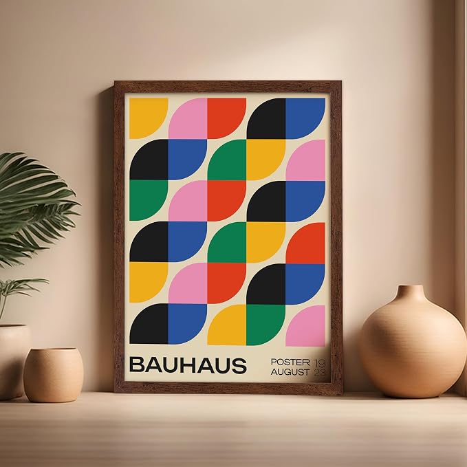 Poster Master Bauhaus Poster - Rainbow Knots Print - Abstract Art - Graphic Design Art - Geometric Art - Chic Boho Art - Mid Century Modern Art - Living Room or Bedroom Decor - 16x20 Brown Framed