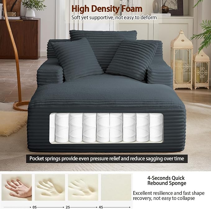 50" Chaise Lounge Chair Indoor, Oversized Corduroy Lazy Sofa Bed Sleeper Chair with 3 Pillows & Spring Cushion, Boneless Couches for Living Room Apartment, Dark Grey