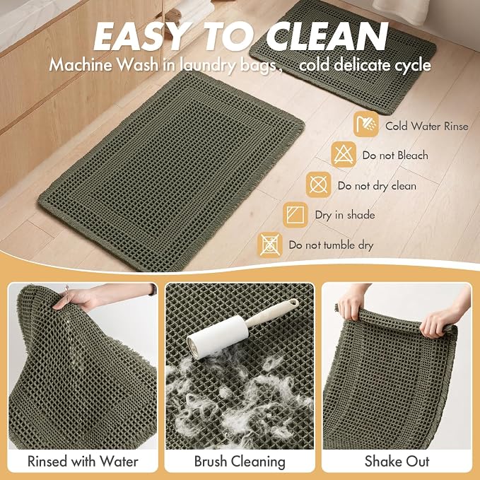 MIULEE Set of 2 Waffle Bathroom Rugs, Boho Bath Rug Super Absorbent, Non Slip Washable Ultra Soft Rubber Backed Shower Bath Mats for Floor, Tub, Shower, Looped Design, Green, 17"x24"+18"x30"