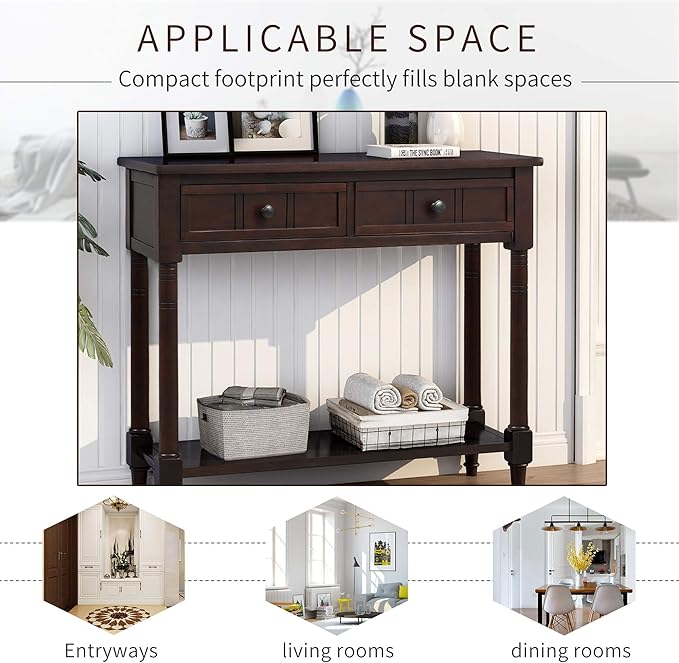 SOFTSEA Farmhouse Console Table with Drawers & Shelf, 35" Entryway Table with Storage, Solid Wood Sofa Couch Table for Hallway, Espresso