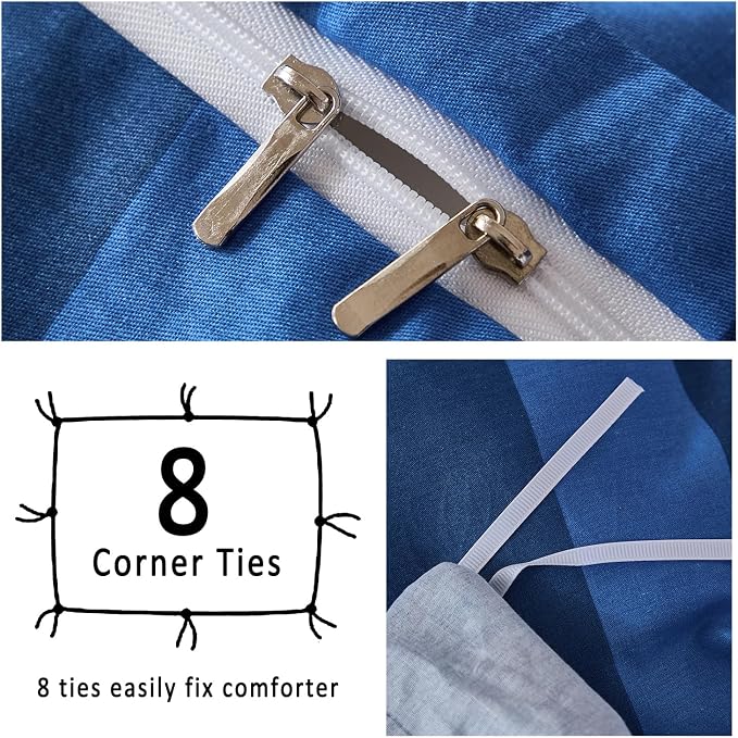 Merryword Blue Striped Duvet Cover Set King Size, 100% Natural Cotton Linen Like Duvet Cover Set with Zipper Closure & 8 Corner Ties, Dark Blue Soft Reversible Bedding for All Seasons