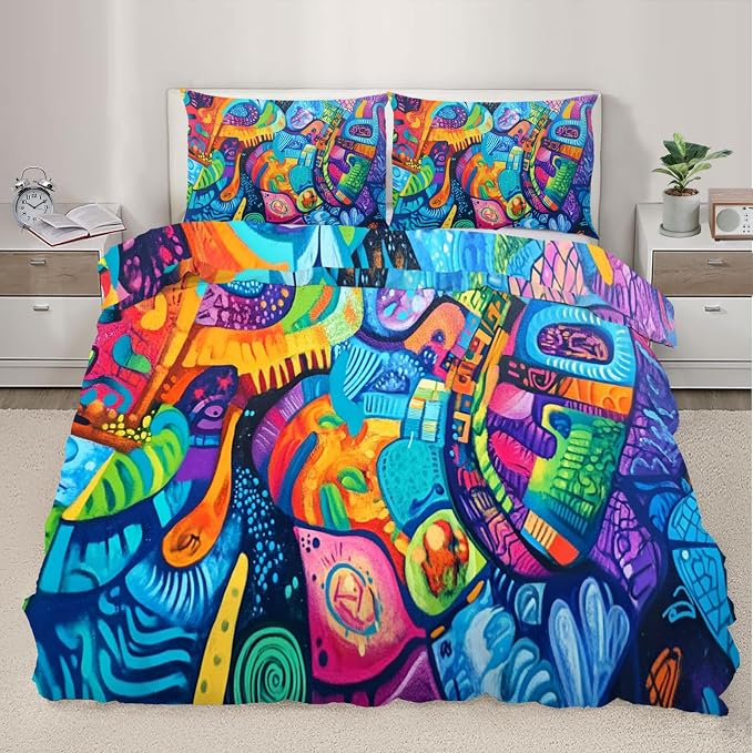 Modern Colorful Graffiti Duvet Cover Set California King Size - Hip Hop Doodle Comforter Cover, 3 Pcs Lightweight Soft Colorful Graffiti Bedding Set for All Seasons
