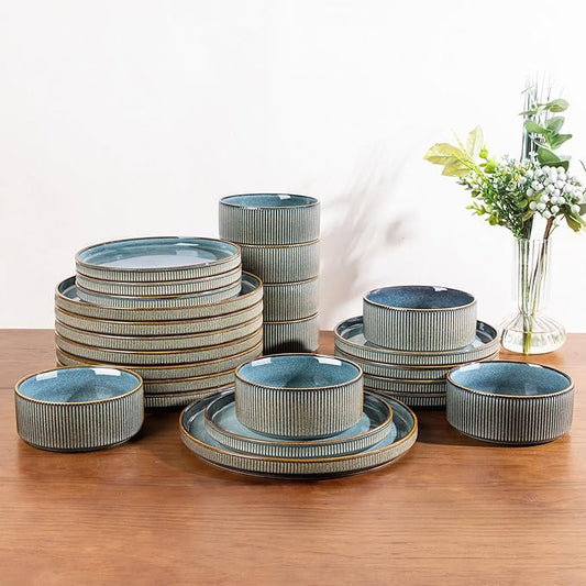 GBHOME 24-Piece Stoneware Dinnerware Set for 8 – Ribbed Ceramic Plates and Bowls, Scratch-Resistant, Microwave & Dishwasher Safe, Reactive Glaze, Deep Ocean