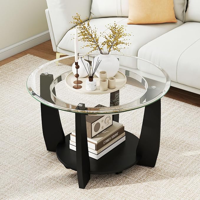 GOFLAME Glass Coffee Table with Storage, 32” Rolling Round Center Table with Tempered Glass Top, Solid Rubber Wood Legs, Wheels, Mid-Century Modern, 2-Tier Circle Tea Tables for Living Room (Black)