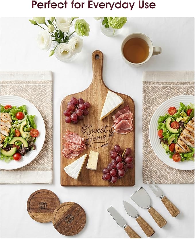 Charcuterie Board Gift Set, 9-Piece Acacia Wood Cheese Board with Knife Set, Elegant Serving Tray with Accessories, Gift Ready for Couples, Housewarming & Wedding