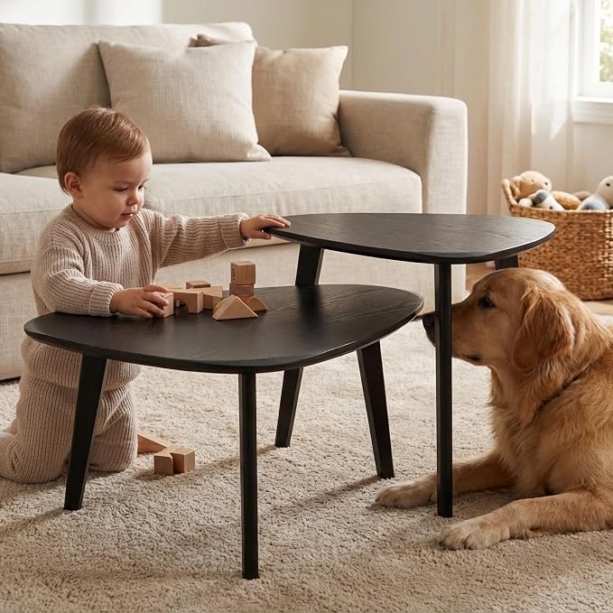 Nesting Coffee Table Set of 2-Mid Century Modern Wooden Coffee Table,Guitar Pick Stacking Tables with Solid Wood Legs,Small Coffee Tables for Small spaces,Living Room,Apartment,Balcony (Black)