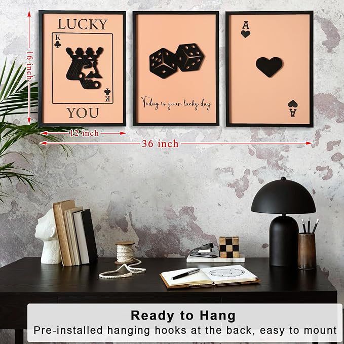 3D Wood Poker Wall Art, Framed Retro Game Wall Decor, Rustic Vintage King and Heart Wall Art for Game Room Home Hallway Bar (Ready to Hang, 12x16 inches, Set of 3, Framed)