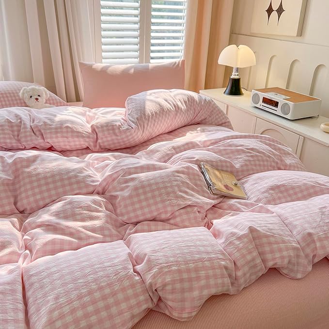 mixinni Light Pink Gingham Duvet Cover Set Twin XL Size - 100% Washed Cotton 3 Piece Plaid Checkered Bedding Set, Soft Comfy Grid Farmhouse Comforter Cover with Zipper Closure & Corner Ties