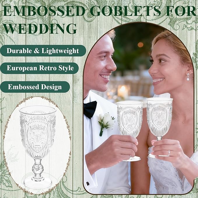 Plastic Wine Glasses 48Pcs Plastic Goblets 7.5oz Colored Retro Embossed Glassware Vintage Stemmed Drinking Cup Reusable Water Goblets for Wedding Reception Grand Event Party Bar,Whiskey (Clear)