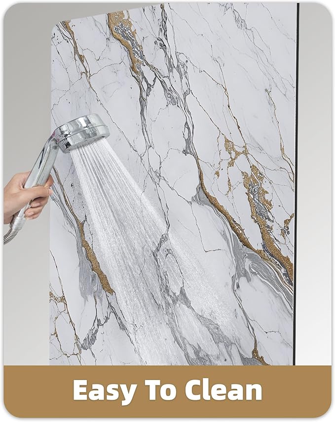 Color&Geometry Gray and Gold Marble-Patterned Bathroom Rug, Ultra-Thin, Non Slip, Washable and Quick Dry Shower Mat, 17"x30" Small Luxury Shower Mat for Bathroom Floor/Outside Shower
