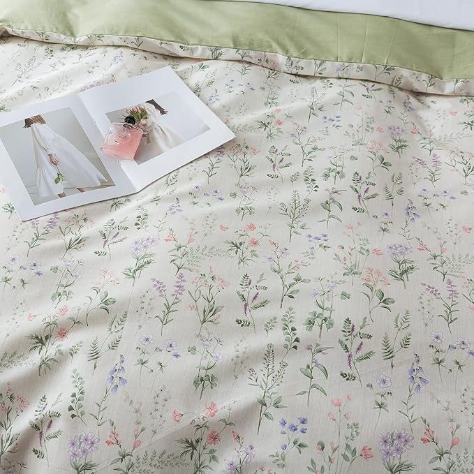 HoneiLife Floral Duvet Cover Queen - 100% Cotton Comforter Cover, Botanical Bedlinen Set for Queen Beds, 3-Piece Wildflower Comforter Cover Sets