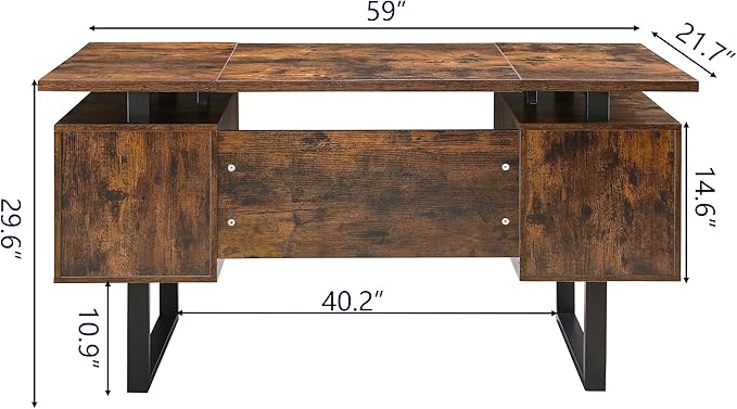 Computer Desk with Drawers 59" L Contemporary Home Office Laptop Desk with Floating Desktop and 4 Storage Drawers Vintage Study Gaming Table with Metal Frame Black & Rustic Brown CTSZ20401RC