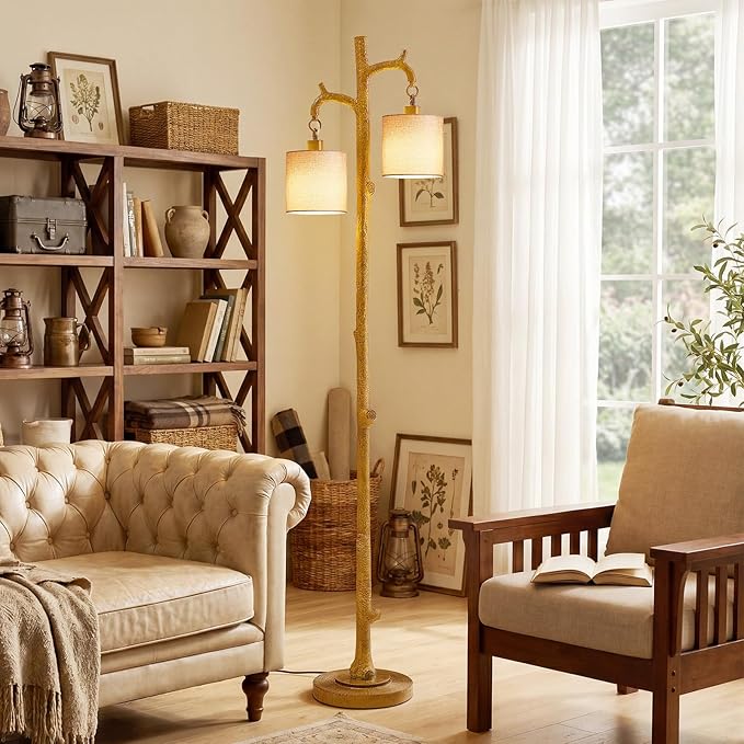 EJIAXIN Farmhouse Floor Lamp for Living Room - 69" Rustic Tree Trunk Standing Lamps - Country Resin Tall Lamp with 2 Reading Light - Tree Floor Lamp for Bedroom Office Home Decor (Ginger)