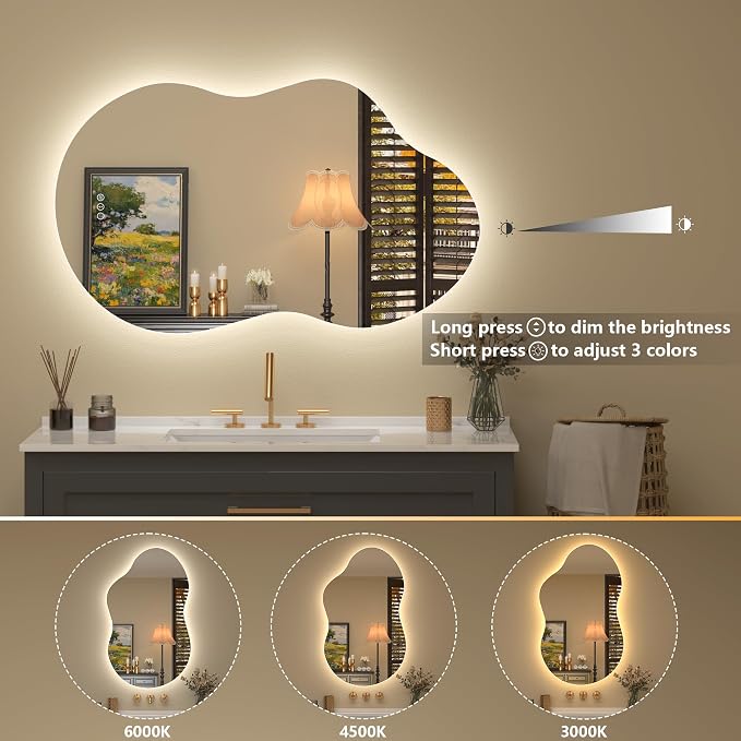 20x36 Inch Asymmetrical Backlit Bathroom Mirror with Lights, Irregular Cloud Led Lighted Vanity Mirror, Fogless, Dimmable, Memory, 3 Colors, Shatterproof (Horizontal/Vertical)