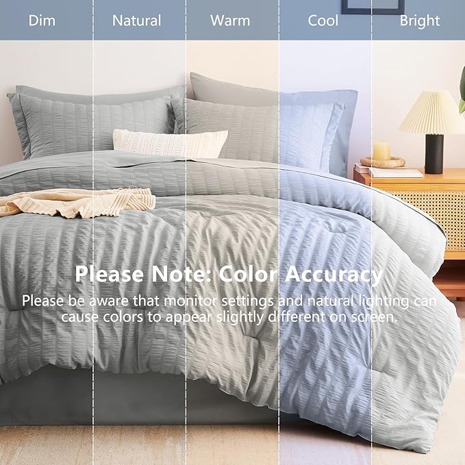 CozyLux Queen Comforter Set Light Grey, 7 Pieces Seersucker Textured Luxury Bed in a Bag, Light Gray All Seasons Bedding Sets with Down Alternative Comforter, Sheets, Pillowcases & Shams, Home Gift