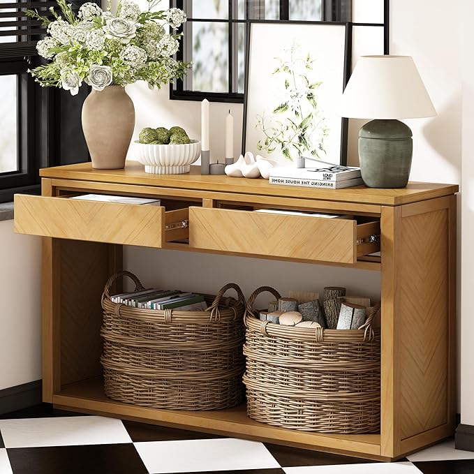 Wood Console Table, 55" Retro Narrow Long Sofa Table Behind Couch with Storage Drawers and Open Shelf for Hallway Entryway Living Room Entrance, Natural
