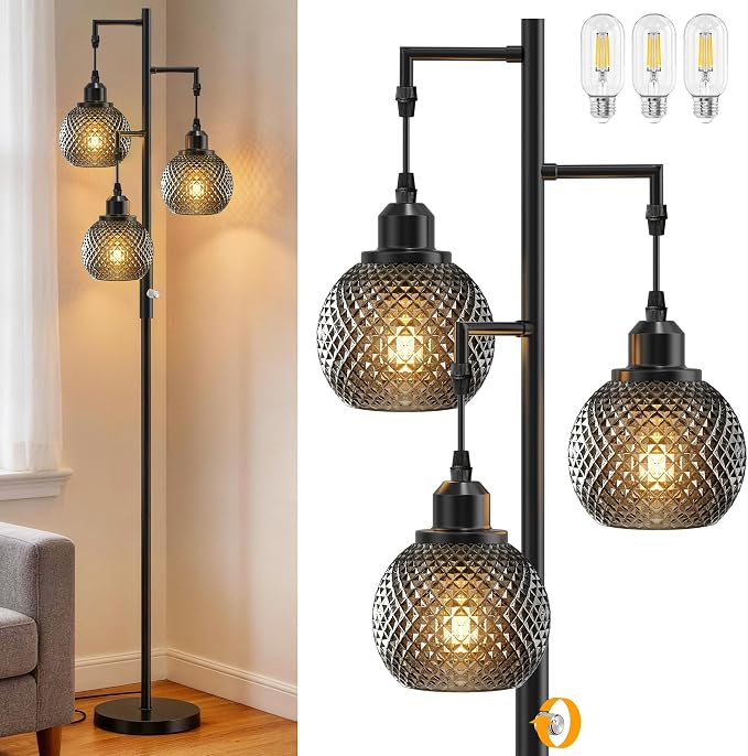 QiMH Modern Floor Lamps for Living Room, Standing Lamp with 3 Lights, 68" Tall Lamp for Bedroom, Grey Vintage Glass Lamp with Stepless Dimmable for Home Decor, 3 LED Bulb Included, Black