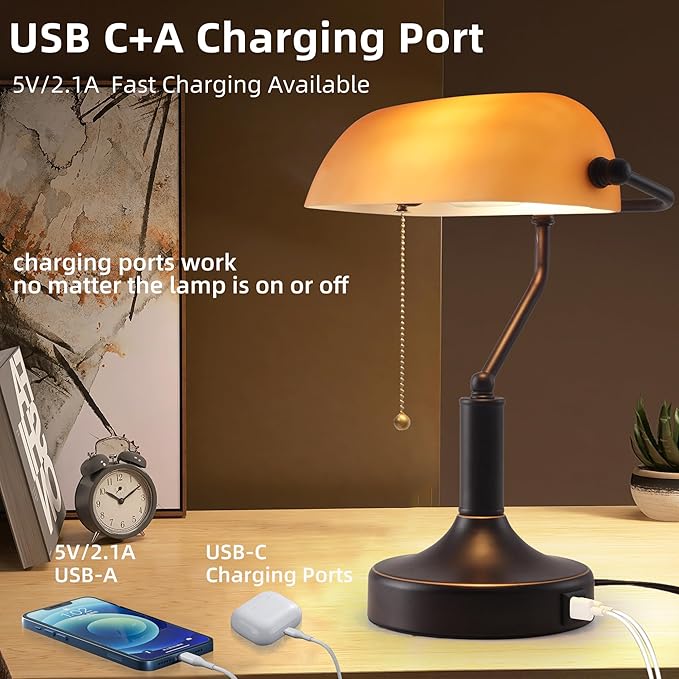 Vintage Bankers Desk Lamp with Pull Chain Switch, Traditional Desk Lamp with USB A and Type C Charging Port, Oil Rubbed Bronze Table Lamp with Amber Glass Shade for Office, Library, Study Room