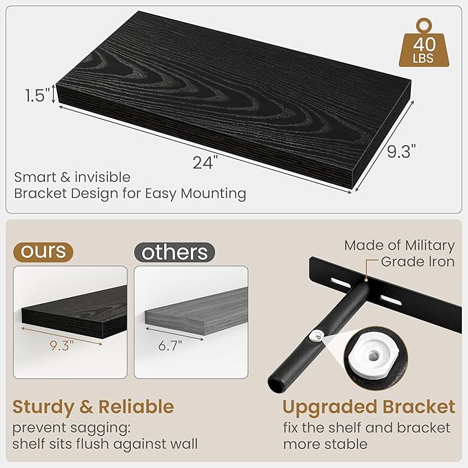 Fun Memories 24 Inch Floating Shelves in Black, 9.3 Inch Deep Floating Shelf for Bathroom Living Room Kitchen, Rusitc Wall Mounted Bathroom Shelves 2 Pack, Heavy-Duty Deep Shelf for Books Decor