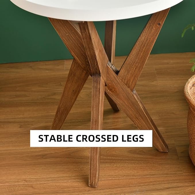 Modern Round End Table with Smooth White Top and Crossed Walnut Legs, Minimalist Accent Table for Living Room, Balcony, or Small Spaces, Easy Assembly Bedside Table, White Walnut