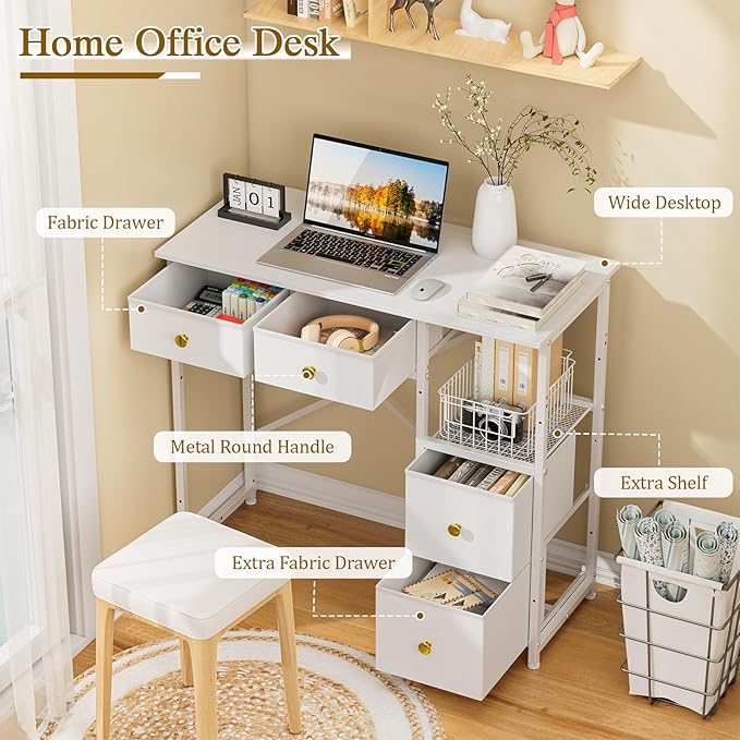 3IngSeagulls Small Computer Desk with 4 Fabric Drawers, Simple Writing Desk for Home Office, Compact Study Desks for Small Spaces, Kids Desk Study for Bedroom, White