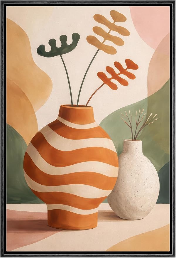 Woodrose Framed Canvas Print Wall Art Mid Century Modern Vase Still Life Illustrations Modern Art Minimalist 3D Colorful Ultra for Living Room, Bedroom, Office - 16"x24" BLACK