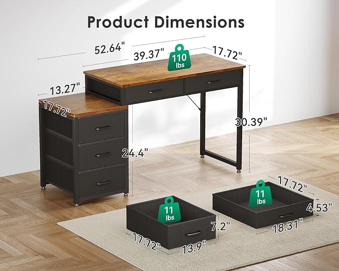 ODK Computer Desk with 5 Drawers, 53 Inch Office Desk with Printer Shelf, Reversible Work Desk for Home Office, Writing Table Desk for Storage, Rustic Brown