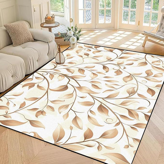 Botanical Leaf Vine Area Rug Beige Floral Branch Print Rug for Bedroom Living Room Kitchen Nursery Playroom Home Decor Non-Slip Washable Floor Mat Modern Farmhouse Carpet,5'x7'