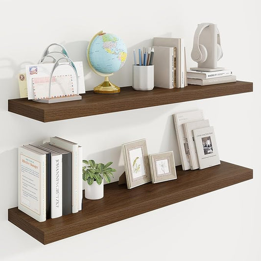 40in Floating Shelves for Wall, 40"W x 9.25"D x 1.25"H, 2 Pack Long Wall Mounted Engineered Wood Shelves with Invisible Brackets for Living Room, Bedroom, Bathroom, Kitchen Decor and Storage, Walnut