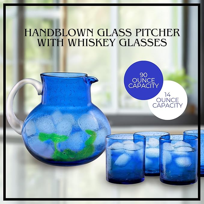 Artland Iris 90oz Handcrafted Pitcher & 14oz Double Old Fashion Glass (Set of 4) - Lead-Free Bubble Drinkware for Elegant Dining & Serving - Ideal for Water, Cocktails, Juice, Gatherings (Cobalt Blue)