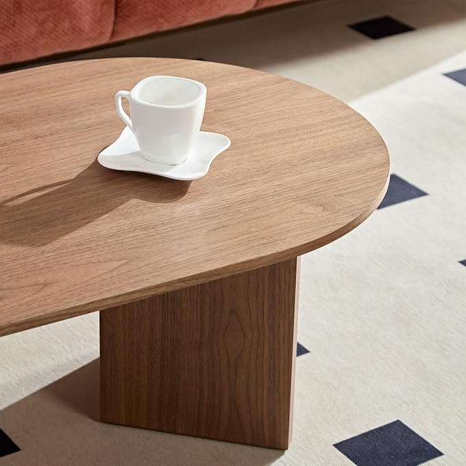 SSLine Mid-Century 39.37" Oval Coffee Table with Pedestal Base Walnut Wood Grain Top Cocktail Center Table for Living Room Bedroom