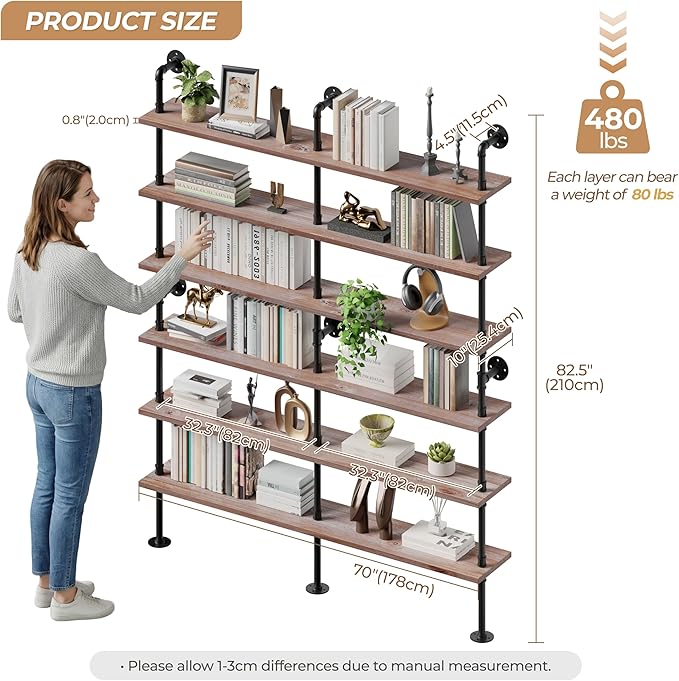 Industrial Ladder Shelf Bookcase, Wall Mounted Rustic Bookshelf, Retro Wood Metal Pipe Industrial Shelves for Living Room(Weathered Brown, 6 Tier - 10" D x 70" W x 82.5" H)