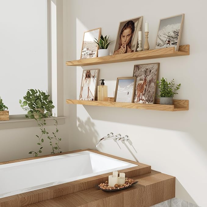 Vivelove Oak Floating Shelves Wall Mounted Set of 2, Rustic Large Wall Shelves for Storage with Lip, Display Picture Ledge with Lip for Storage, Bedroom, Living Room, Bathroom,Nursery Display