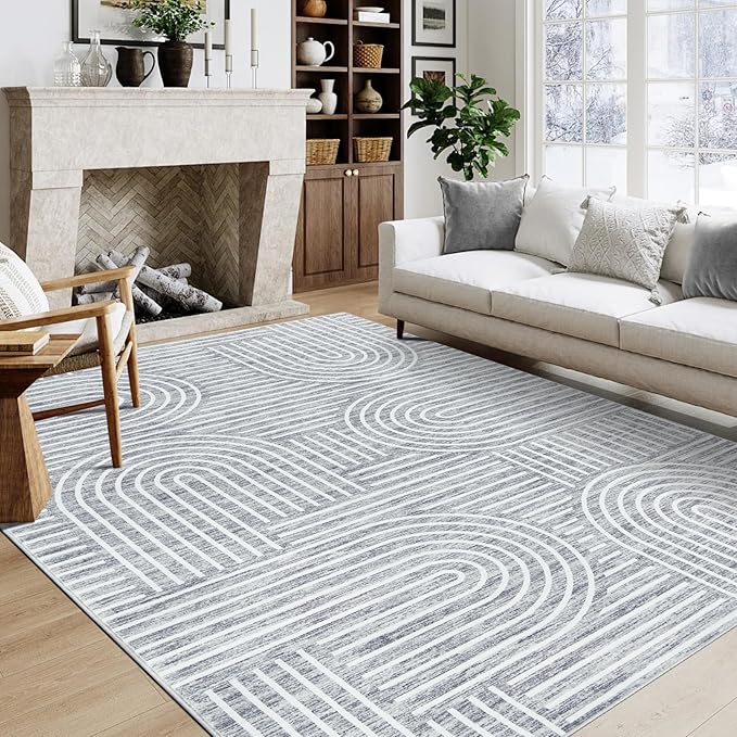 Washable Rug 6x9 Area Rugs for Living Room, Abstract Rug for Bedroom, Soft Rainbow Non Slip Throw Rugs with Rubber Back, Low Pile Stain Resistant Boho Geometric Carpet for Dining Room, Ash