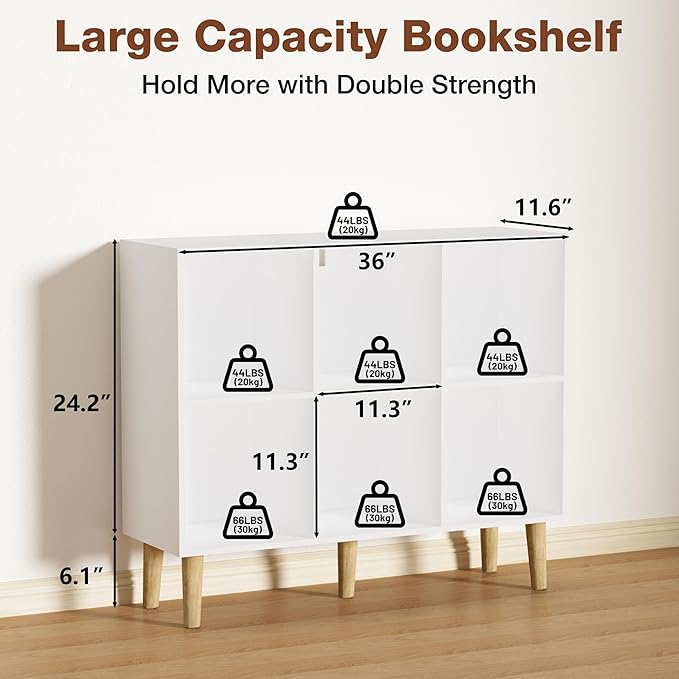 6 Cube Bookcase, Wooden Book Shelf Cube Storage Organizer with Legs, 2 Tier Bookshelf Freestanding Open Shelves for Home Office, Living Room, Bed Room (White, 6 Cube Horizontal)