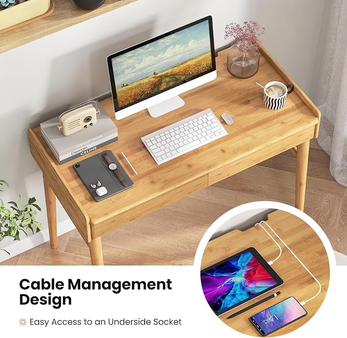 Giantex Computer Desk, 39.5" Bamboo Home Office Desk with 2 Storage Drawers and Open Shelf, Makeup Table Vanity Desk, Modern Writing Desk Computer Workstation for Bedroom, Study, Natural