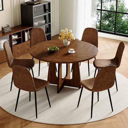 47" Round Dining Table Set for 6, Walnut Wood Grain Table and 6 Brown Suede Upholstered Chairs Set, Mid Century Modern Kitchen Table Set with Cross Legs