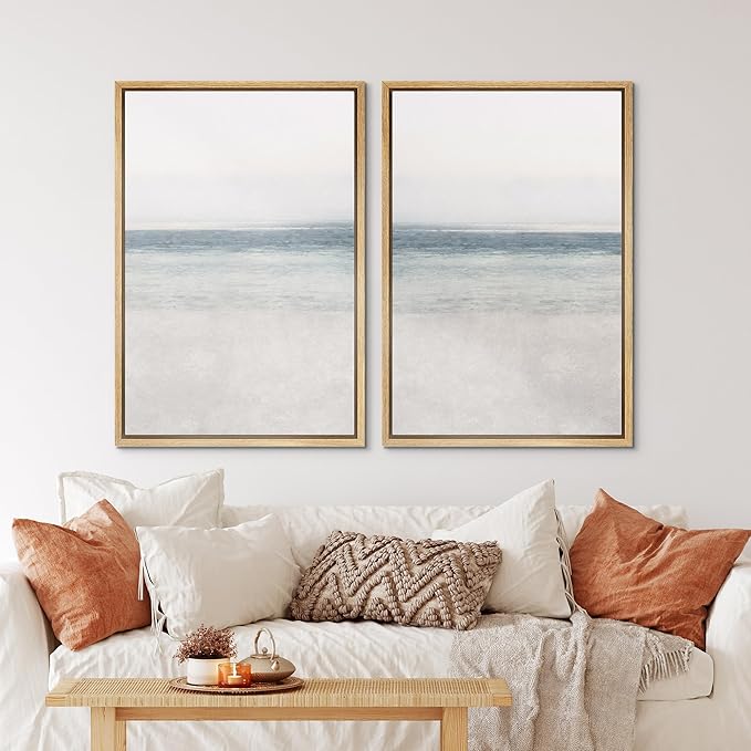 IDEA4WALL Framed Canvas Print Wall Art Set Abstract Beach Shore Ocean Wave Horizon Nature Wilderness Illustrations Modern Art Decorative Coastal Cottage Seascape for Bedroom - 16"x24"x2 Natural