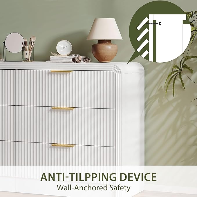 Fluted 6 Drawers Dresser for Bedroom, 55 Inch Wood Dressers with Gold Handles, Modern Dressers with Wave Texture, Large Storage Chest of Drawers, Bedroom Dresser Organizer (Pure White)