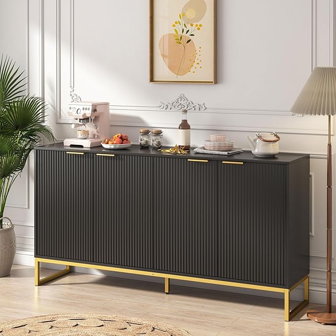 Fluted Accent Storage Cabinet, Kitchen Sideboard Buffet with 4 Fluted Doors, Adjustable Shelves for Living Room, Dining Room, Hallway (Black 4 Door)