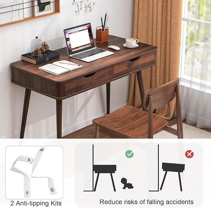 POWERSTONE Mid Century Office Desk with 2 Drawers - Vintage Writing Desk Computer Workstation with Sturdy Rubberwood Legs & Spacious 43.5" Desktop for Home Office Bedroom (Walnut)