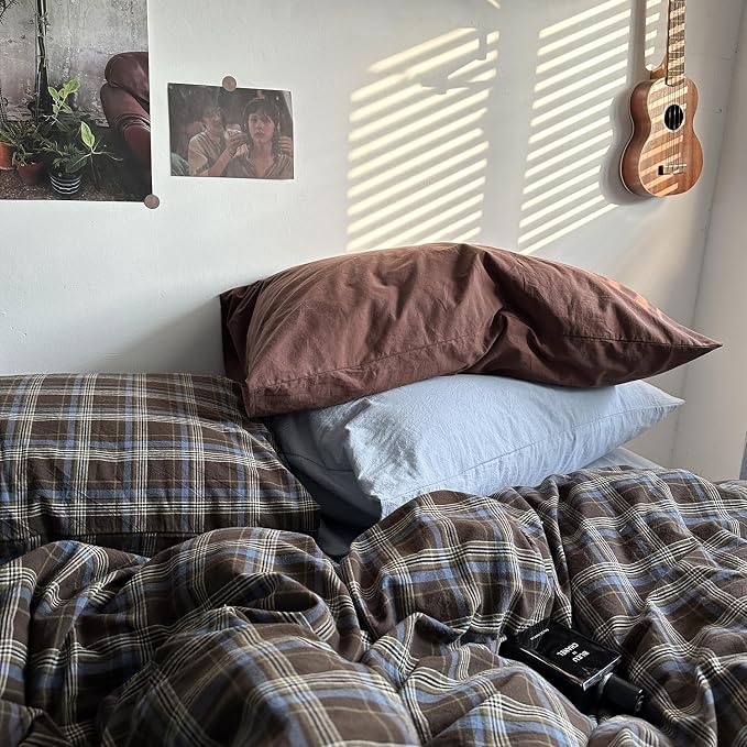 mixinni Vintage Brown & Blue Buffalo Plaid Duvet Cover Set Twin XL Size - 3 Piece Washed Cotton Bedding Set with Grid Pattern, Soft & Breathable Duvet Cover with Pillowcases for Boys, Men& Women
