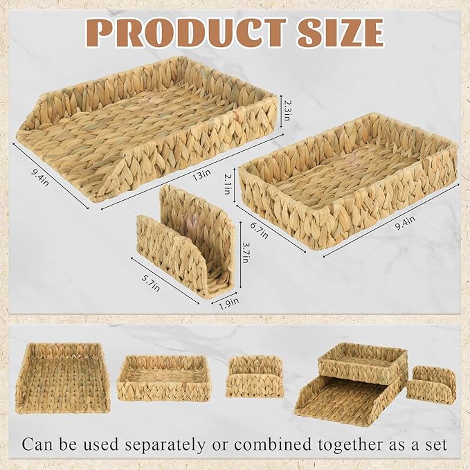 Woven Desk Organizer Letter Tray Set of 3, Water Hyacinth Paper Baskets for Organizing, Rattan A4 File Tray with Letter Sorter, Office Storage Rack for Files Mail Notebooks Stationery
