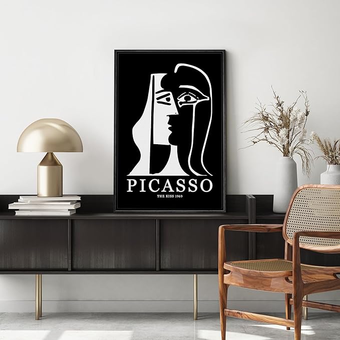 MUDECOR Framed Canvas Print Wall Art Picasso Black & White Geometric Kiss Portrait Shapes Abstract Illustrations Modern Art Minimal Dramatic Dark for Living Room, Bedroom, Office - 16"x24" Black