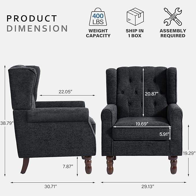 Accent Chairs Set of 2, High Back Upholstered Chair with Button Tufted, Mid-Century Modern Comfy Wingback Chair Reading Armchair in Fabric for Living Room for Bedroom, Office-Black Blue