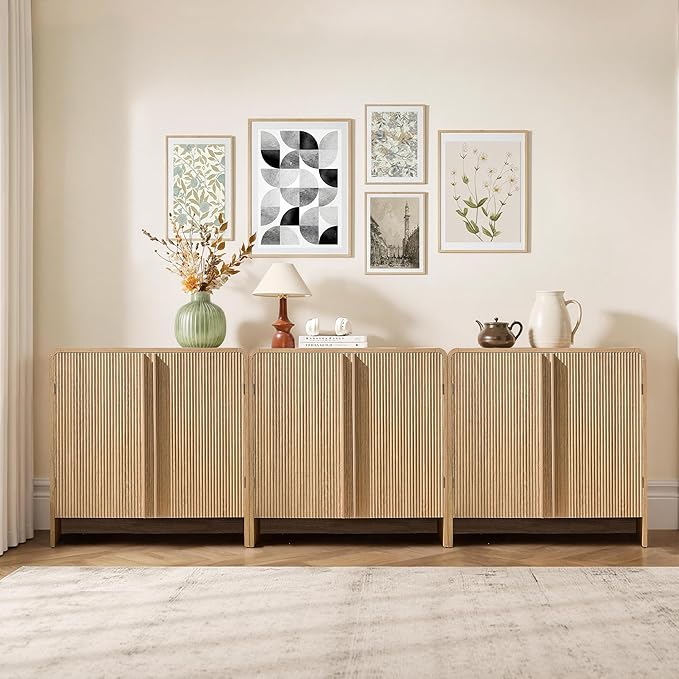 AMERLIFE 3-Piece Fluted Buffet Cabinet with Storage, Modern Sideboard Cabinet with Doors & Adjustable Shelf, Console Table & Credenza for Living Room, Kitchen & Entryway, Natural Oak