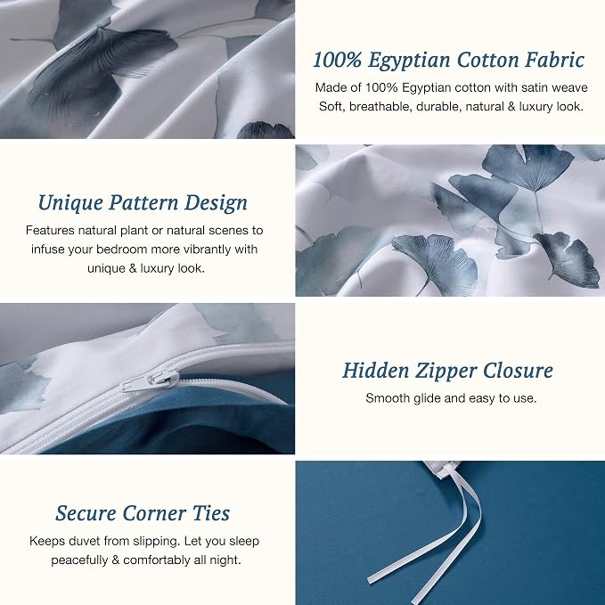 MILDLY Floral Duvet Cover Set - 100% Long-Staple Cotton Navy Ginkgo Leaf Pattern Printed Comforter Cover 3pcs Soft Breathable Luxury Bedding for All Season