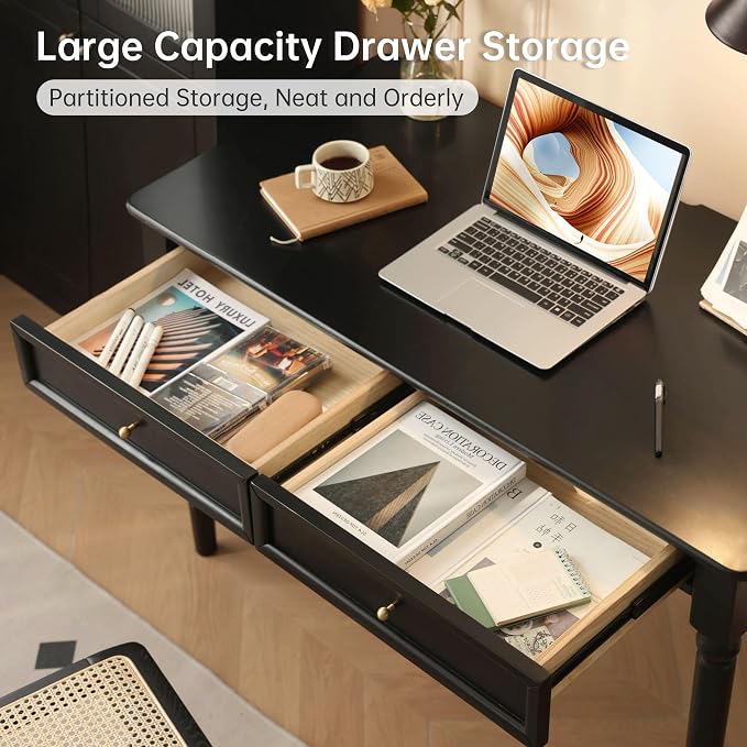 Solid Wood Computer Desk with Double Drawers, Black Vintage Rubber Wood Writing Desk for Home Office 47.2"