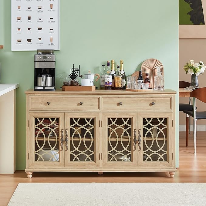 Farmhouse Sideboard Buffet Cabinet Set of 2 with Storage,59" Large Credenza with 4 Glass Door & 2 Drawers,Adjustable Shelves Console Table,Wood Kitchen Coffee Bar for Dining Room,Natural